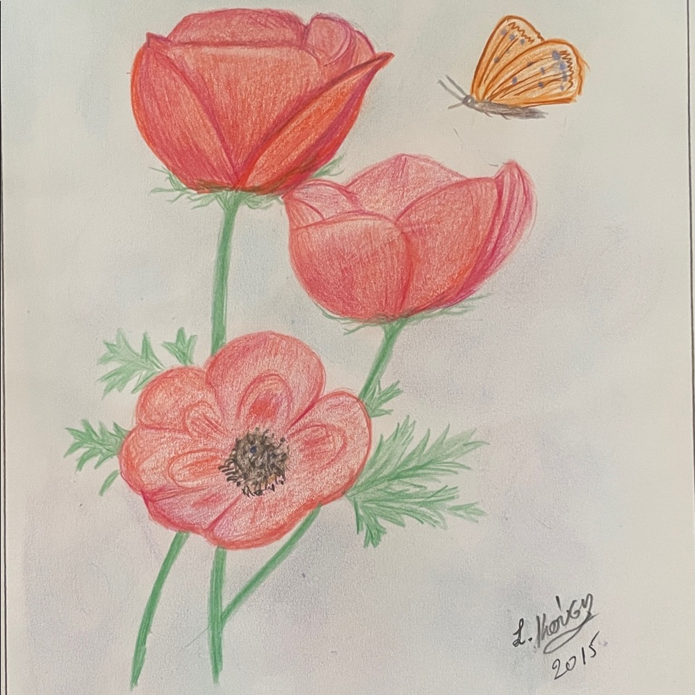 Original Floral and Butterfly Art Signed by Artist L Kousy 2015